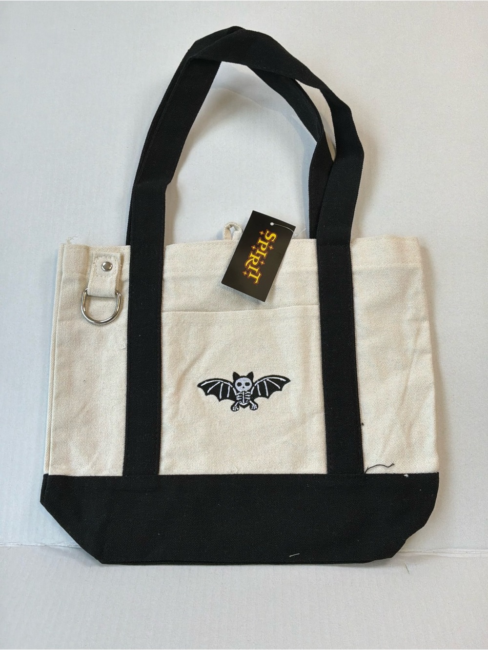 Spirit Halloween Embroidered Skeleton Bat Mini Canvas Tote Bag Cream‎ Black NWT